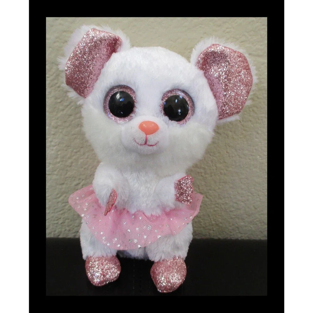 Ty Beanie Boos Nina The White Mouse Big Pink Glitter Eyes NO TAG